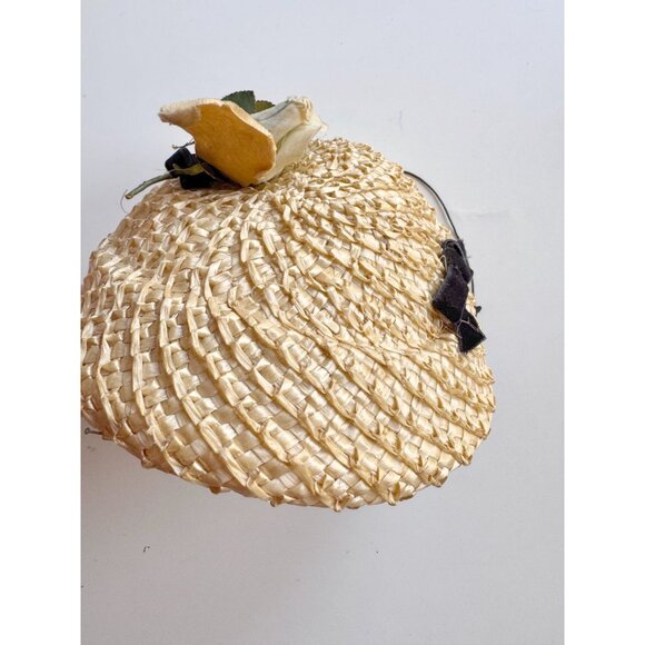 Vintage Raffia Straw Black Velvet Ribbon Yellow Faux Flower Juliet Hat - Picture 8 of 15